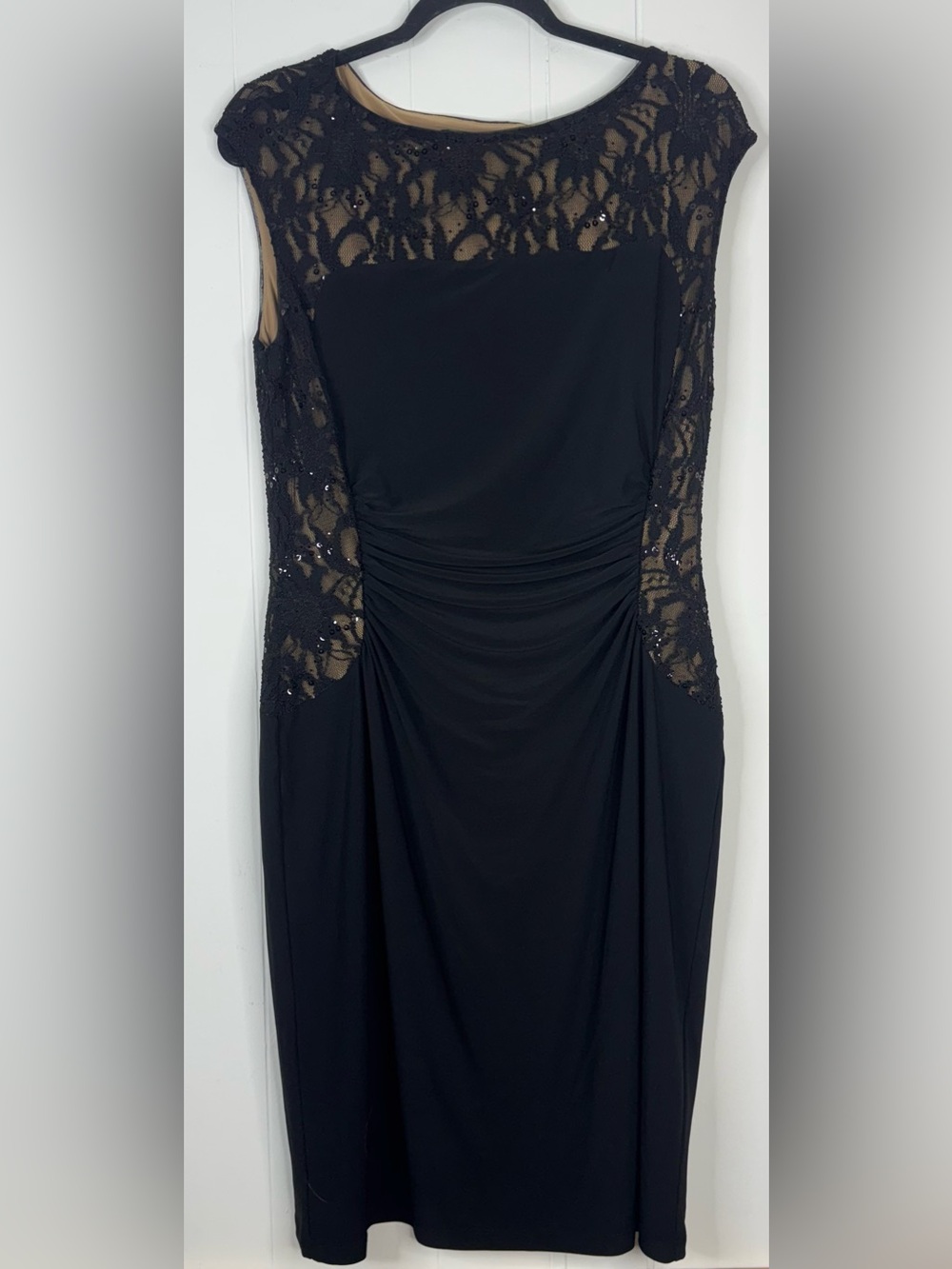 NWT! Lauren Ralph Lauren Black Lace-Trim Midi Sheath Dress Womens Size 14